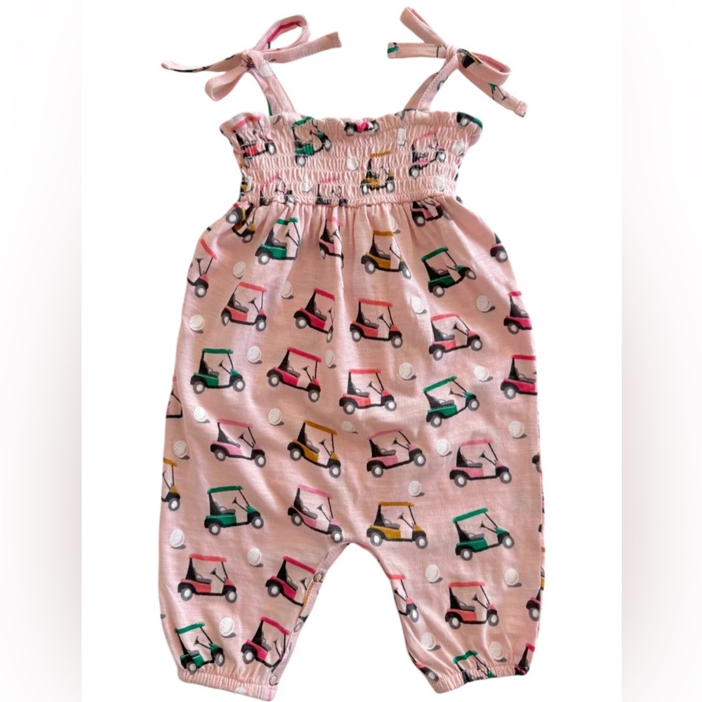 NWT GOLF CART PINK / ORGANIC SLUB SMOCKED JUMPSUIT 6-12 months